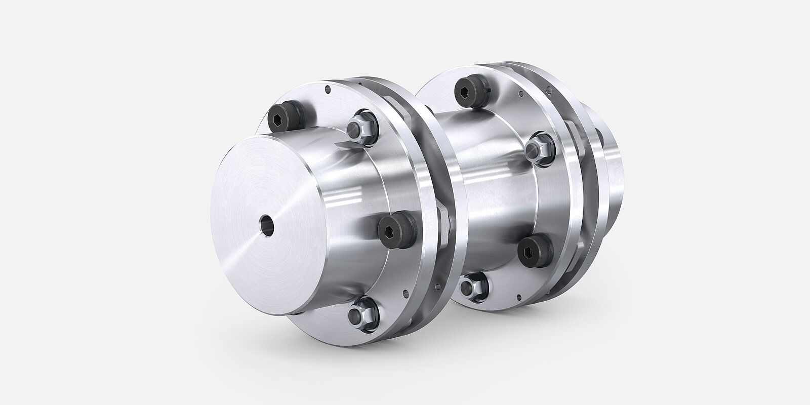 DISCFLEX DNZ-G Metallkupplung, zylindrisch mit zwei Flanschverschraubungen und polierter Oberfläche, auf hellgrauem Grund.