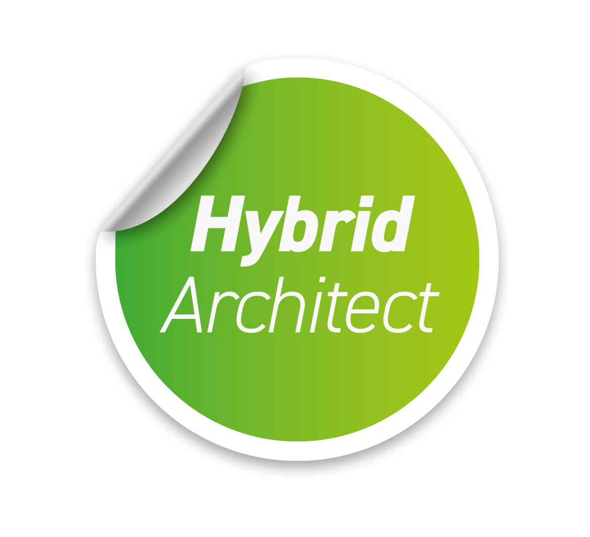 Ein rundes, grün-weißes Sticker-Design mit der Aufschrift „Hybrid Architect“. Die obere linke Ecke des Stickers ist leicht umgeklappt.